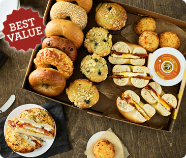 Best Value! Breakfast boxes with bagels, sandwiches, and pastries.